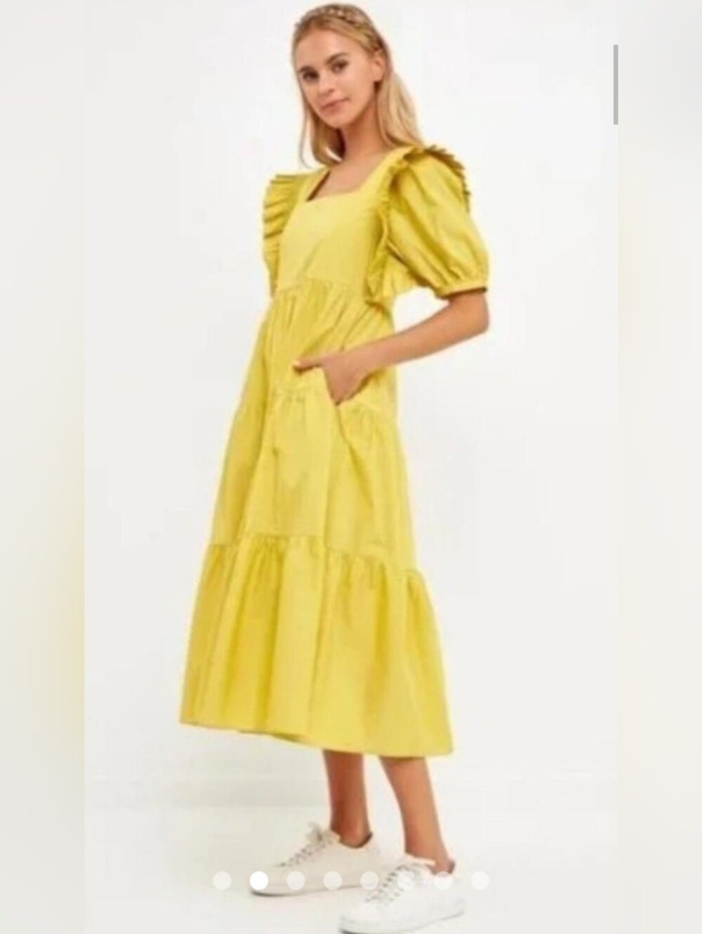 English Factory Square Neck Ruffle Smocked Detail Midi Dress